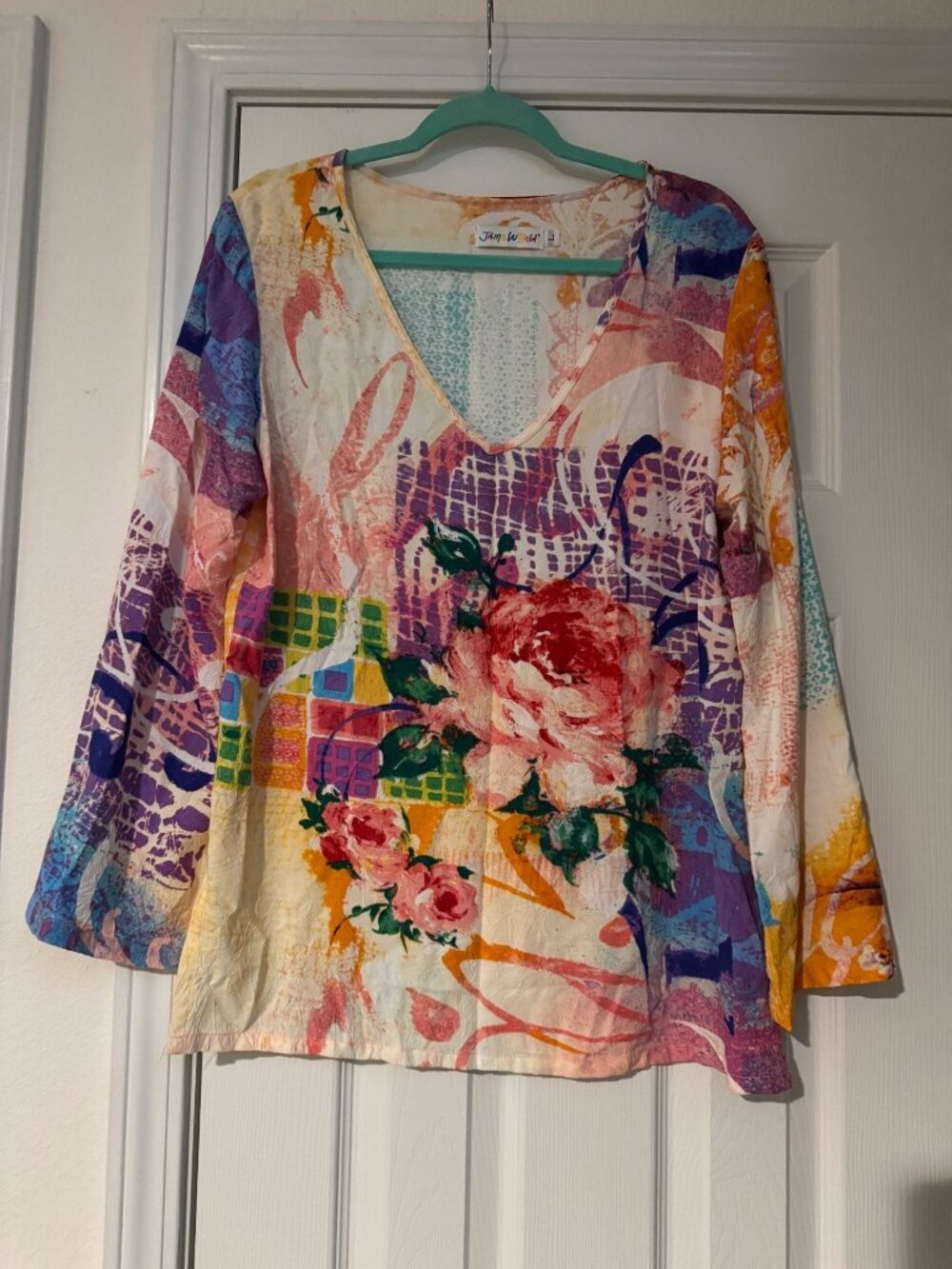 Jams World Tunic Top Women's L  Abstract Floral Print Bell Sleeves Resort Cruise